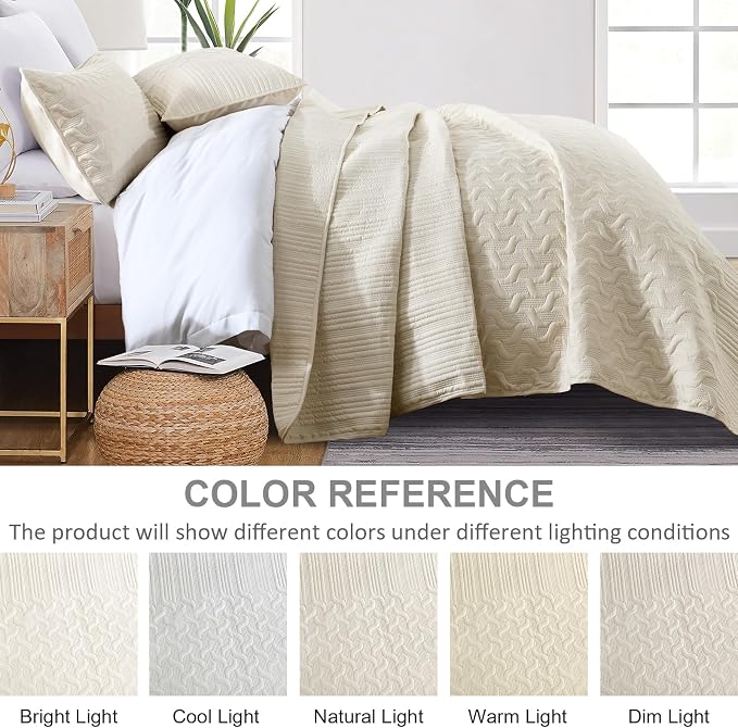 Yiran Beige Quilt Set King Size Lightweight Bedspread Ultrasonic Wave Pattern - Image 4