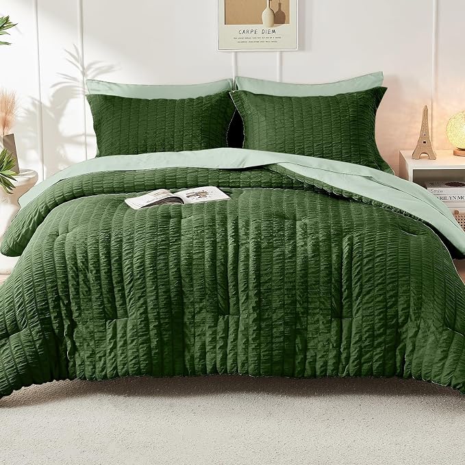 HYMOKEGE Dark Green/Sage Green King Size Comforter Set Seersucker 7 Pieces - Image 9