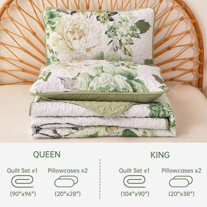 WONGS BEDDING Green Floral Quilt Set King, 3 Pieces Reversible Lightweight - Image 7