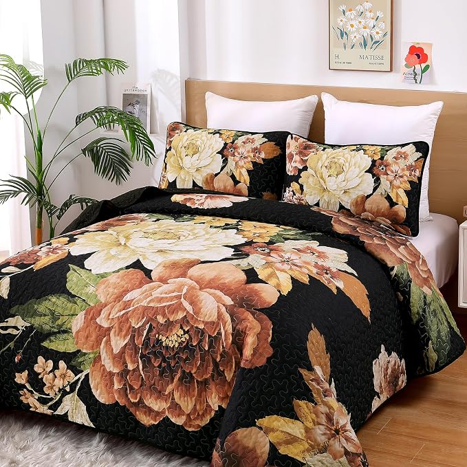 WONGS BEDDING Black Boho Floral Quilt Set King, 3 Pieces Elegant Gold Flower - Image 3