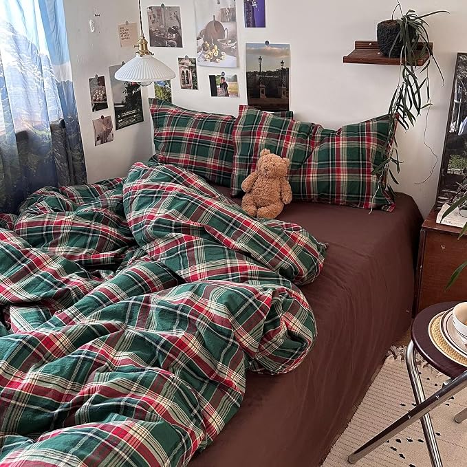 mixinni Vintage Green Buffalo Plaid Washed Cotton Duvet Cover Queen - Image 7