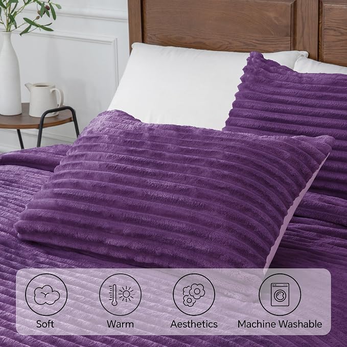BEDELITE Fleece Full Comforter Set -Super Soft & Warm Fluffy Purple Bedding - Image 5