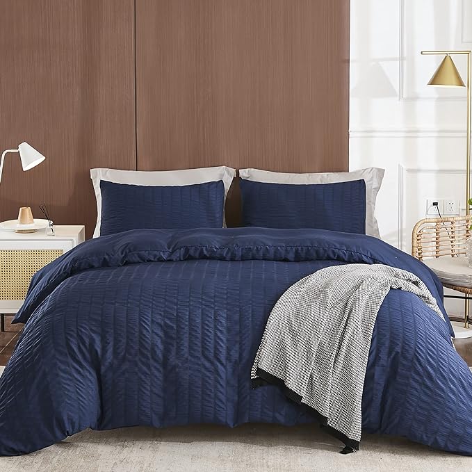 AveLom Navy Blue Duvet Cover King, 3 Pieces, Seersucker Textured Ultra Soft by AveLom
