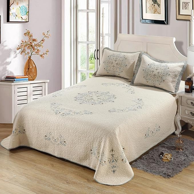 Quilt Set Floral Leaves 3D Embroidery Pattern 3 PCS Cotton Reversible Quilted - Image 3