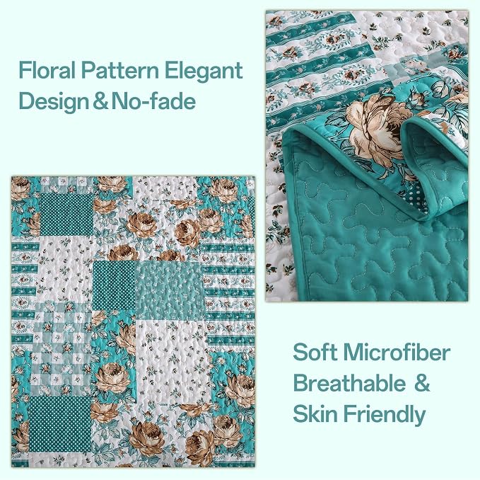 Anibedding Teal Quilt Set King Size Patchwork Floral Bedspread Coverlet - Image 4