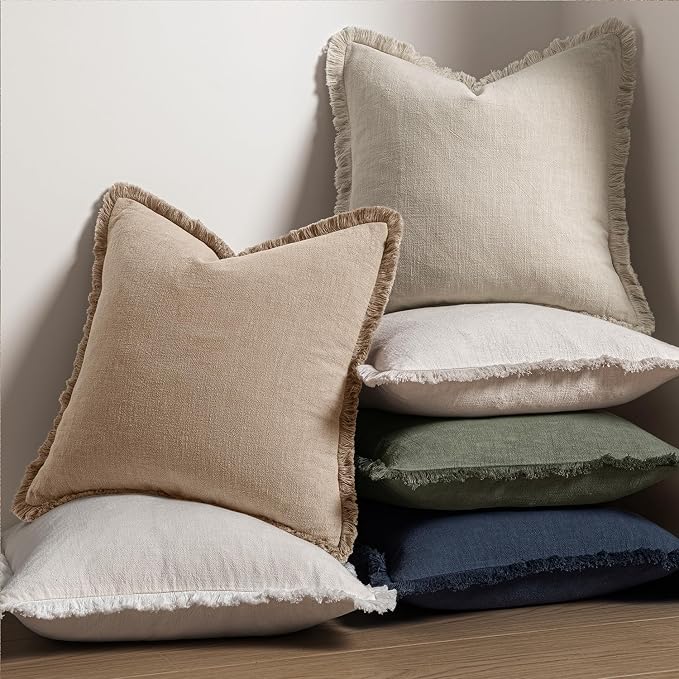 MIULEE Decorative Throw Pillow Covers Neutral Linen Fringe Throw Pillows Euro - Image 5