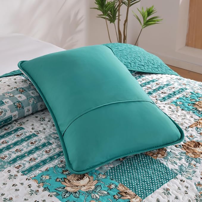Anibedding Teal Quilt Set King Size Patchwork Floral Bedspread Coverlet - Image 6