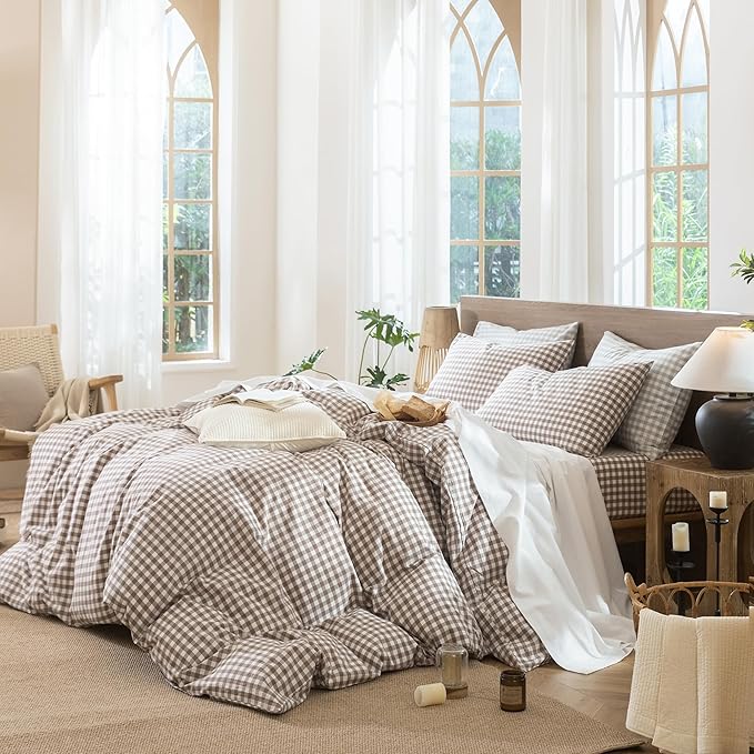 MooMee Gingham Duvet Cover Set 100% Washed Cotton Linen Like Textured - Image 3