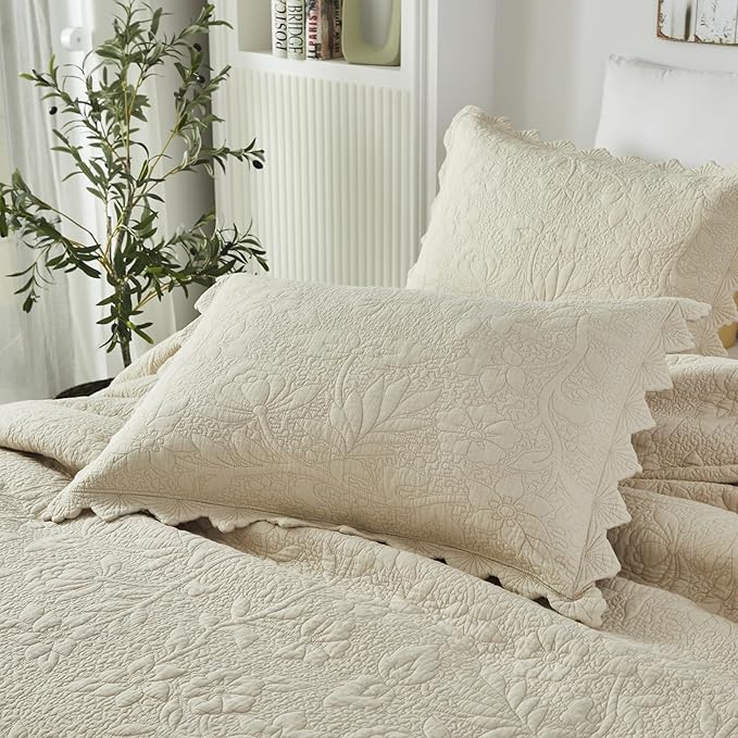 Brandream Beige Quilt Set King Size Cotton Luxury Matelasse Coverlet Set - Image 4