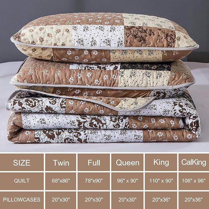 Mybedsoul Brown Quilt Set Twin Size, 2 Pieces Plaid Floral Bedspread Set - Image 5