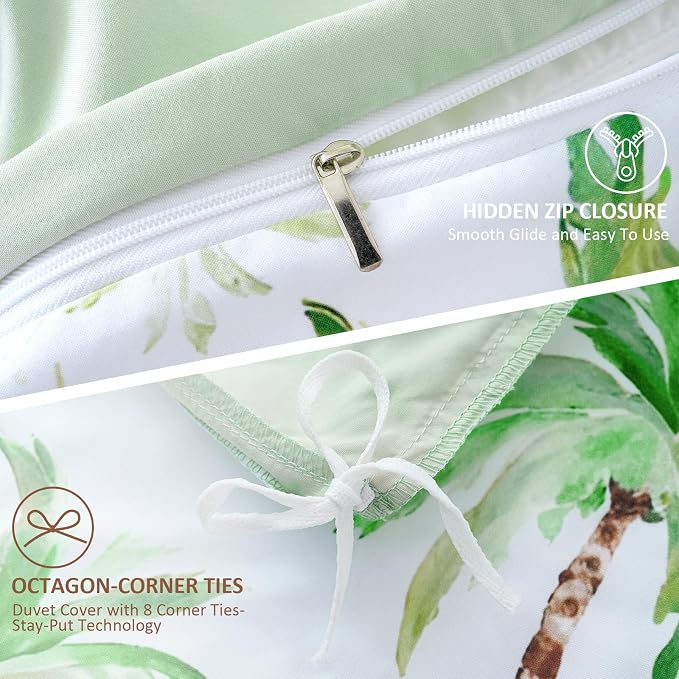 LONAVA Queen Tropical 3 Pcs Duvet Cover Set, Breathable Soft Microfiber Sage - Image 6