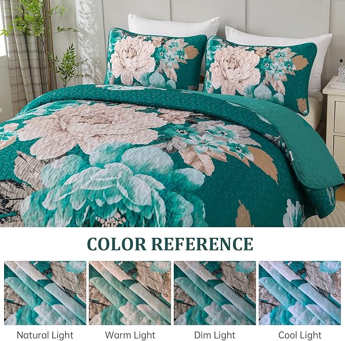WONGS BEDDING Teal Boho Floral Quilt Set Queen, Elegant Flower Bedspread - Image 7