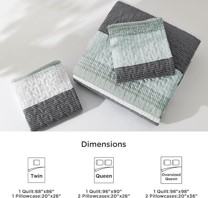 Litanika Oversized Queen Quilt Set Sage Green, 98x98 Stripe Bedspread Coverlet - Image 7