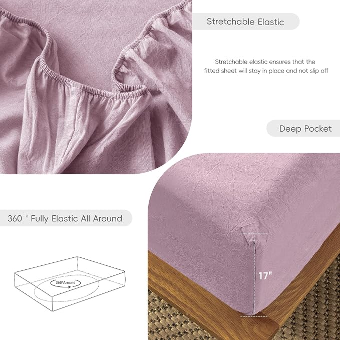 MooMee Fitted Bottom Sheet Only 100% Washed Cotton Linen Like Textured - Image 6