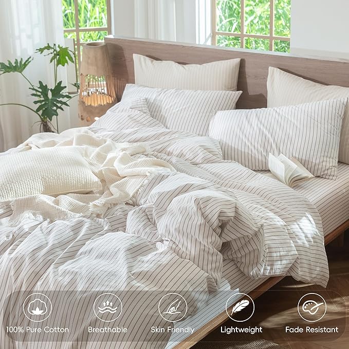 MooMee Striped Duvet Cover Set 100% Washed Cotton Linen Like Textured - Image 4