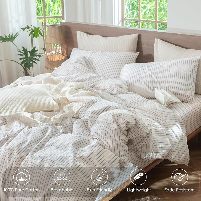 MooMee Striped Duvet Cover Set 100% Washed Cotton Linen Like Textured - Image 4