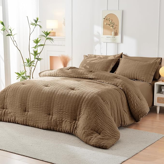 HYMOKEGE Brown Queen Comforter Set Seersucker 7 Pieces, All Season Luxury Bed - Image 8