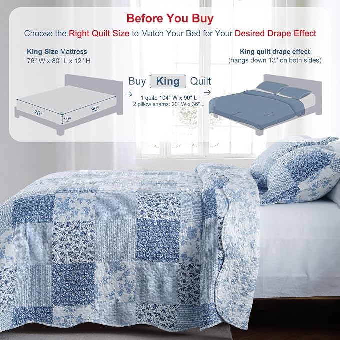 GOONE King Quilt Set 104"x90", Lightweight Washed Coverlet, Reversible Spring & - Image 7