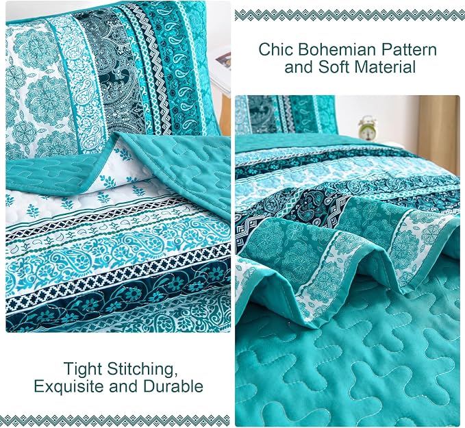 WONGS BEDDING Boho Quilt Set Queen Size, Teal 3 Pieces Bohemian Striped - Image 5