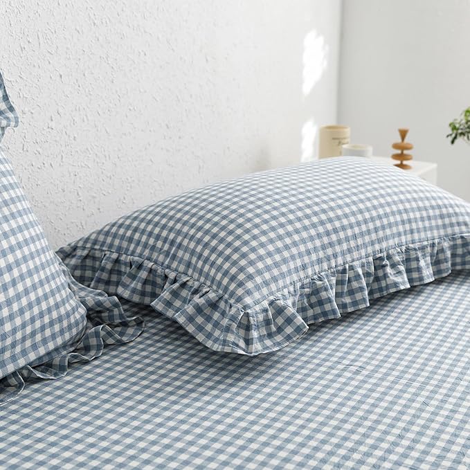 mixinni Blue White Gingham Ruffle Duvet Cover Twin XL Size 3 Pieces – 100% - Image 7