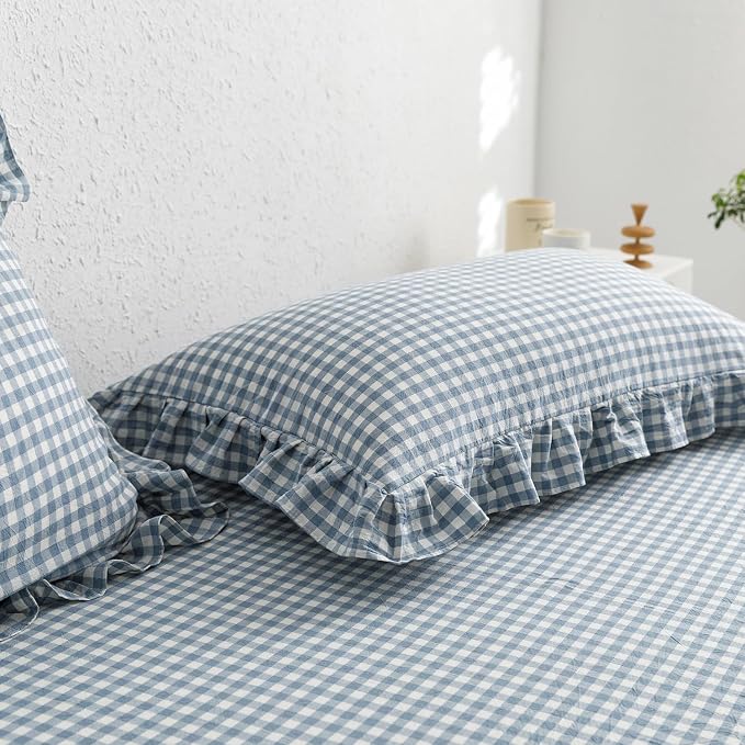 mixinni Blue White Gingham Ruffle Duvet Cover Twin Size 3 Pieces – 100% Washed - Image 7