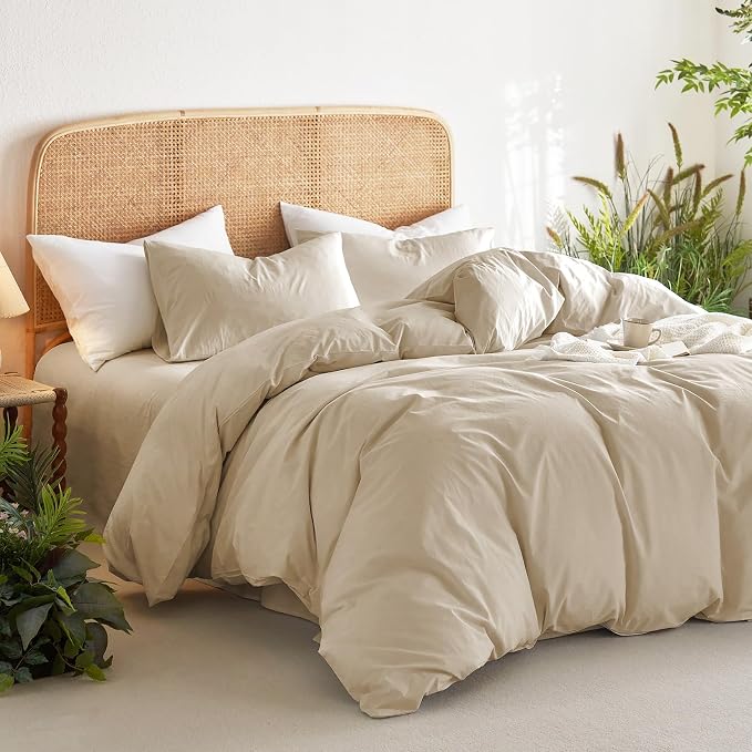 Wake In Cloud - Cotton Duvet Cover Set, Twin Size, Khaki Linen Color, 100% - Image 4