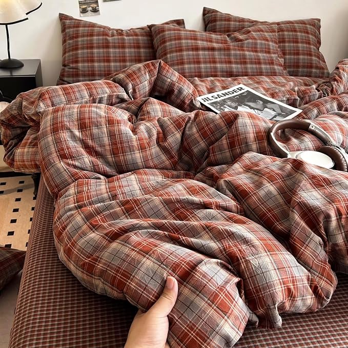 PinkMemory Caramel Blue Gingham Duvet Cover King 100% Washed Cotton Buffalo by PinkMemory