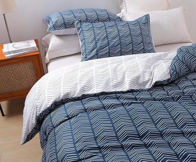 SLEEPBELLA Navy and White Duvet Cover Set, 100% Cotton Bedding, Chevron - Image 3