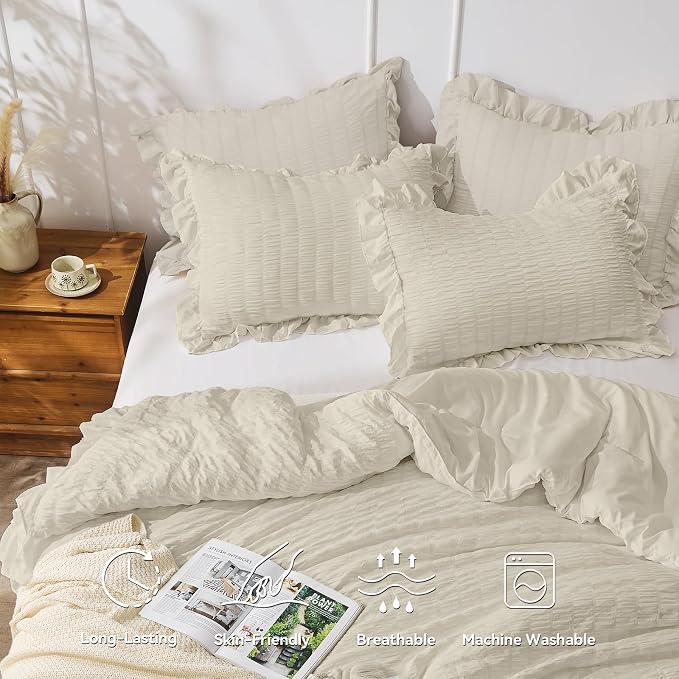 JOLLYVOGUE Queen Comforter Set, 3 Pieces Oatmeal Seersucker Comforters Queen - Image 2
