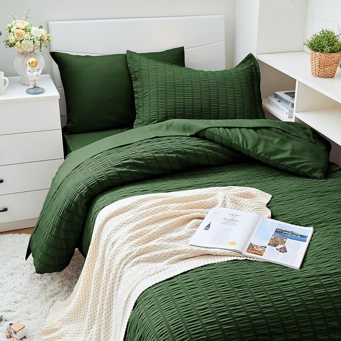 HYMOKEGE Dark Green Twin XLComforter Set Seersucker 5 Pieces, All Season Luxury - Image 2