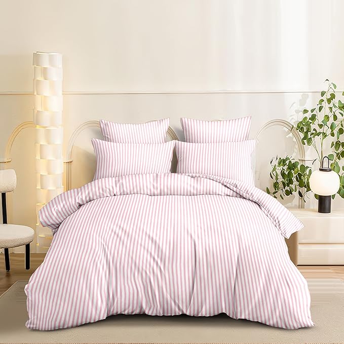 Nayoroom Pink Striped Duvet Cover Twin Size White Stripe Duvet Cover Dorm - Image 5