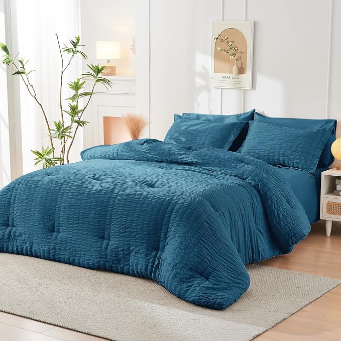 HYMOKEGE Teal Twin Comforter Set Seersucker 5 Pieces, All Season Luxury Bed in - Image 9