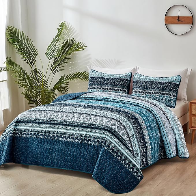 WONGS BEDDING Boho Queen Quilt Set, Lightweight Microfiber Bed Decor Bedspread - Image 2