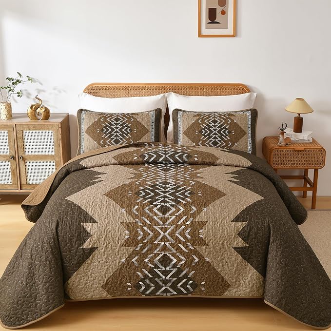 Dintszyayue Brown Quilt Set King Size Boho Aztec Texture Bedspread Coverlet Set by Dintszyayue