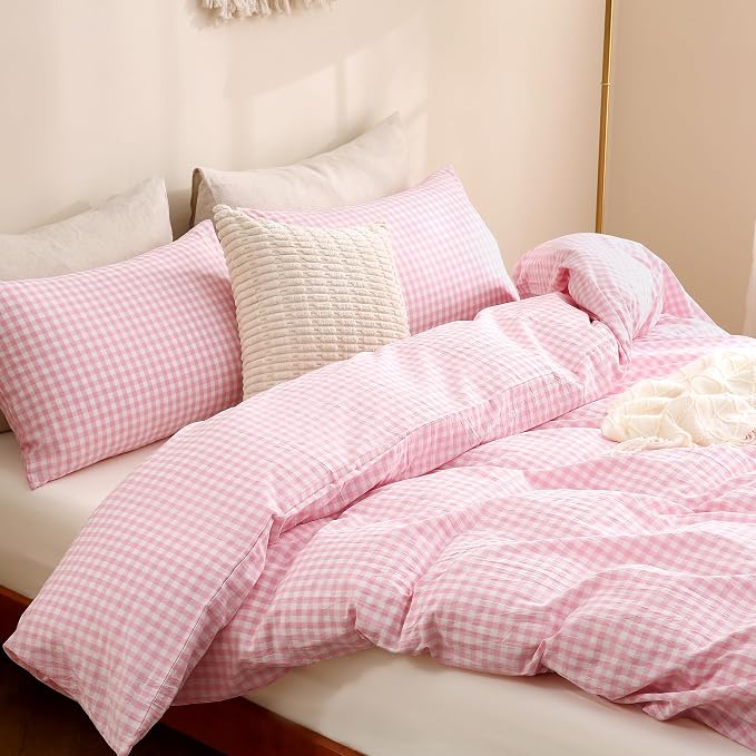 TOCOMOA Pink Gingham Duvet Cover Bedding Set 100% Washed Cotton Like Linen Feel - Image 4