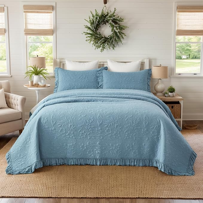 Brandream Luxury 100% Cotton Quilt Set King Size Blue Floral Vine Matelasse - Image 2