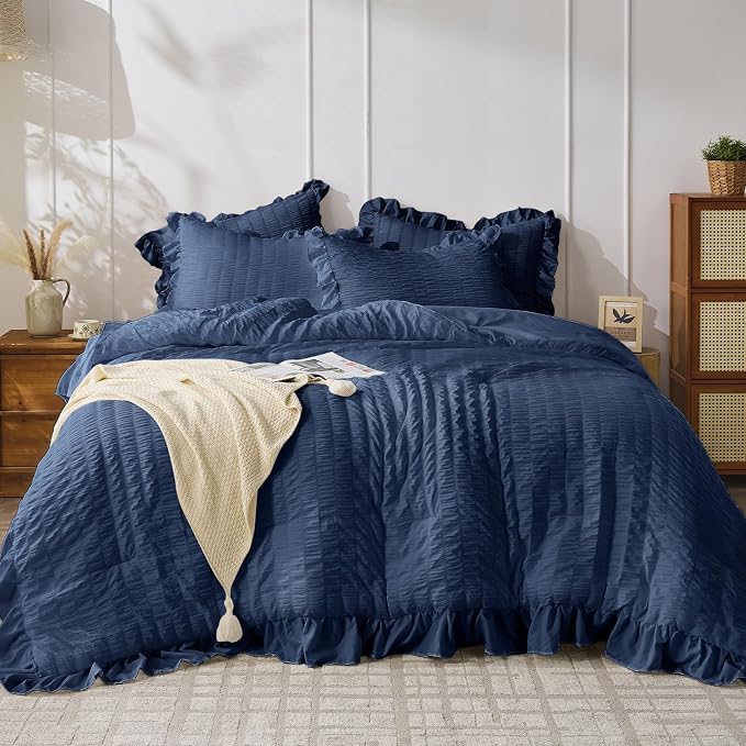 JOLLYVOGUE Navy Blue Twin Size Comforter Set, 2 Pieces Seersucker Lightweight by JOLLYVOGUE