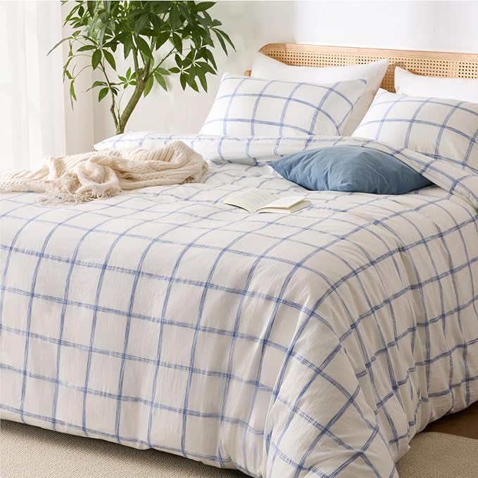 Blue Plaid Duvet Cover King, 100% Soft Washed Cotton King Size Duvet Cover Set - Image 2