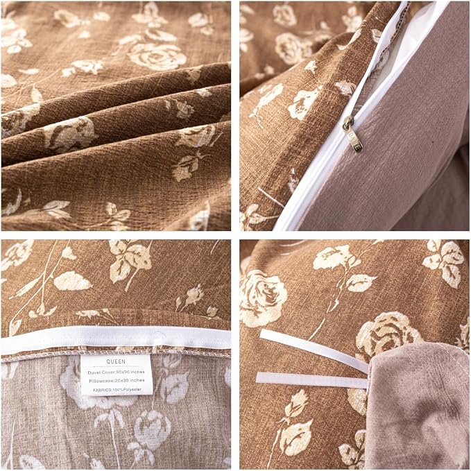 OAITE Brown Flower King Size Duvet Cover-3 Pieces Prewashed Cotton-Like - Image 4