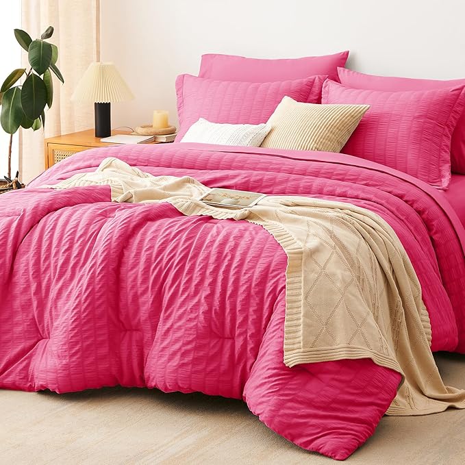 CozyLux King Size Comforter Set Hot Pink Seersucker 7 Pieces Bed in a Bag King by CozyLux