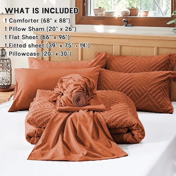 Zzlpp Twin Comforter Set 5 Pieces, Burnt Orange Tufted Bed in a Bag - Image 5