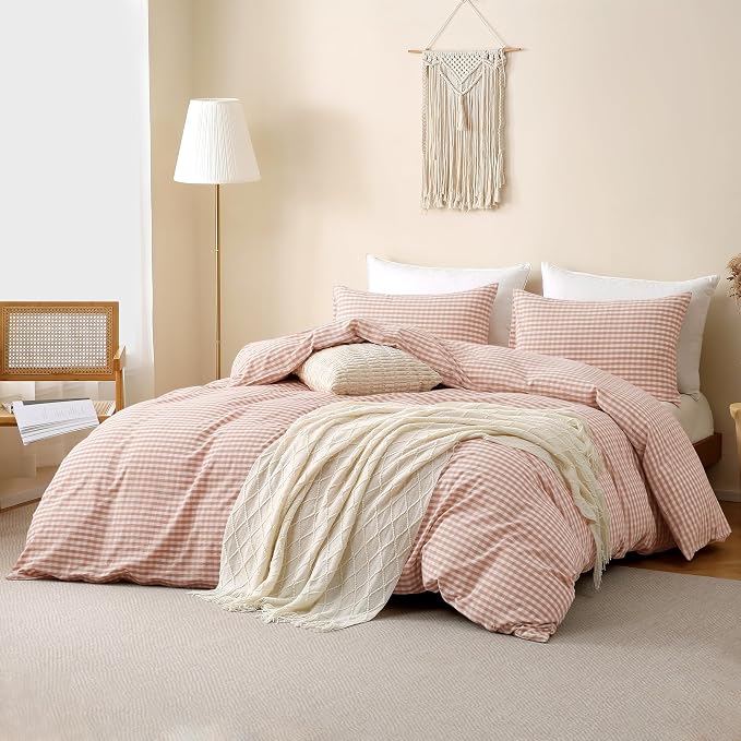 TOCOMOA Pink Tan Gingham Duvet Cover Bedding Set 100% Washed Cotton Like Linen - Image 2