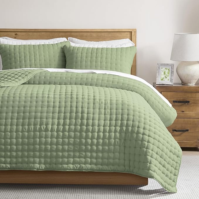 WDCOZY Sage Green Cloud Quilt Set Twin Size, Lightweight Soft Cross Stitch by WDCOZY