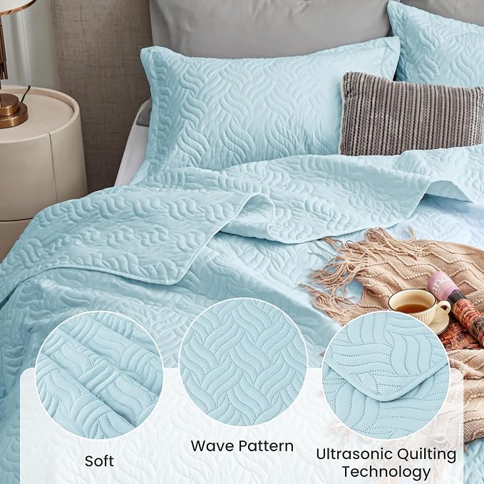 Love's cabin Twin Quilt Set Light Blue Bedspreads - Image 4
