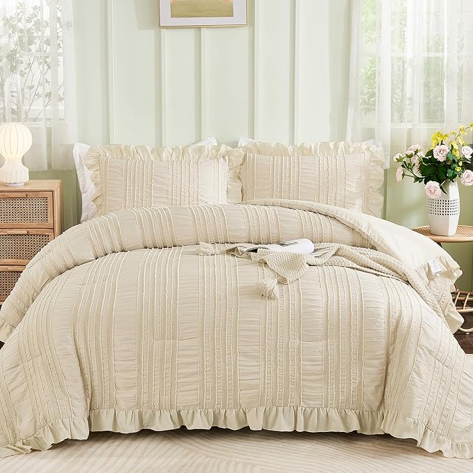 WONGS BEDDING Beige Ruffle Queen Comforter, Boho Shabby Chic Bedding by WONGSBEDDING
