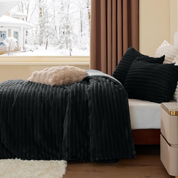BEDELITE Fleece California King Comforter Set -Super Soft & Warm Fluffy Black - Image 4