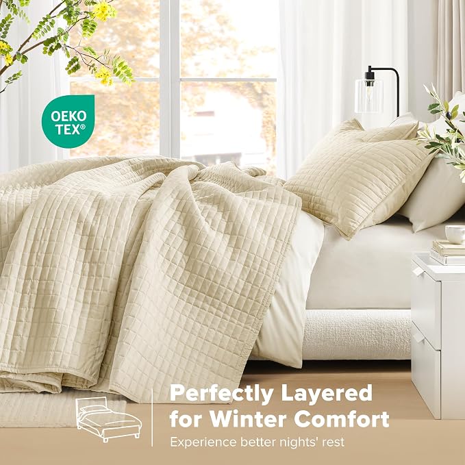 Comfort Spaces Ivory Oversized Queen Quilt Set 102"x118" Bedspread Quilted - Image 3