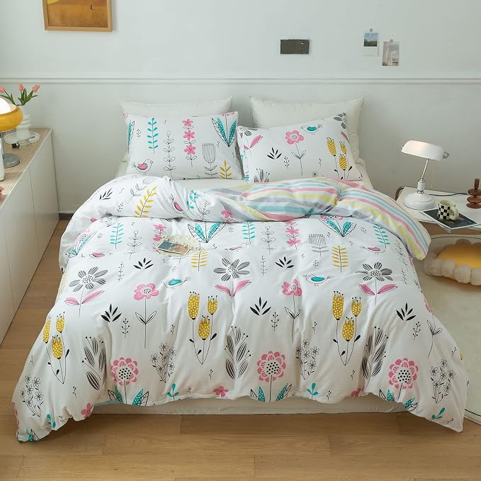 mixinni Girls Flower Leaves Pattern on White Duvet Cover Twin Size Colorful by mixinni