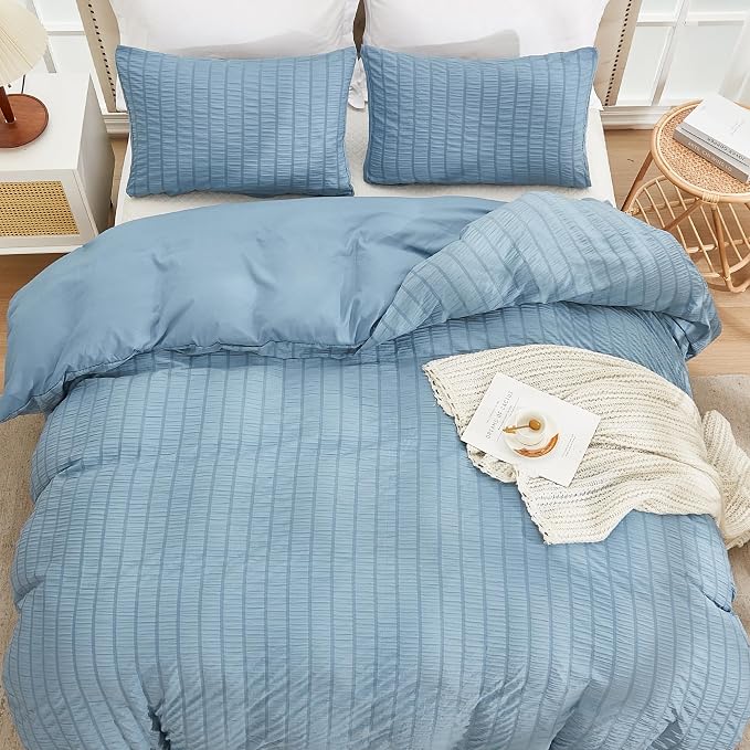 AveLom Grayish Blue Duvet Cover Cal King, 3 Pieces, Seersucker Striped Soft - Image 7