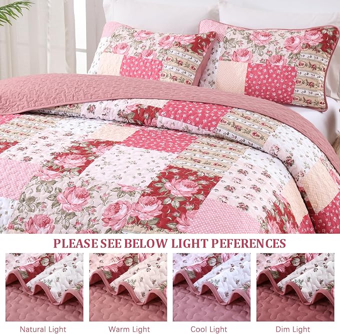 Anibedding 3Pieces Patchwork Quilts Queen Size, Bohemian Red Flower Plaid - Image 8